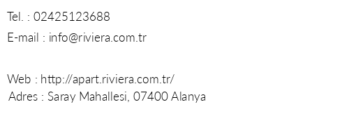 Riveria Apart Hotel telefon numaralar, faks, e-mail, posta adresi ve iletiim bilgileri